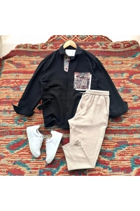 Oversize Cebi Nakışlı Keten Gömlek ve Pantolon Takım